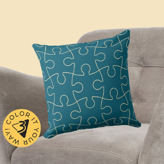 Minimalist Blue & Yellow Jig Saw Puzzle Pattern Throw Pillow