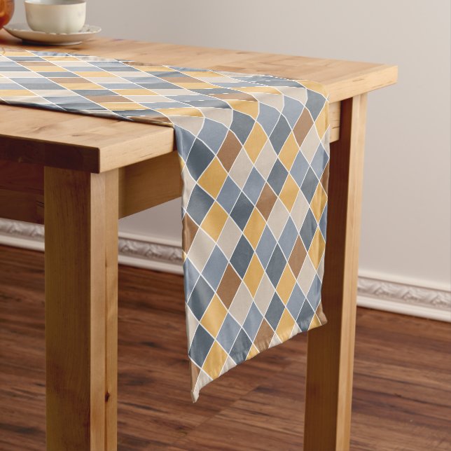 Minimalist Blue Yellow Shades Check Pattern Short Table Runner (In Situ)