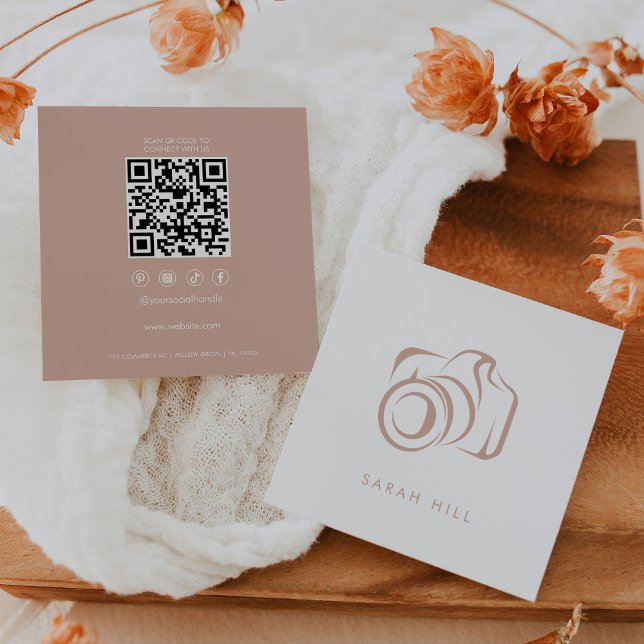 Minimalist Blush and White Photo Camera QR Code Square Business Card (Creator Uploaded)