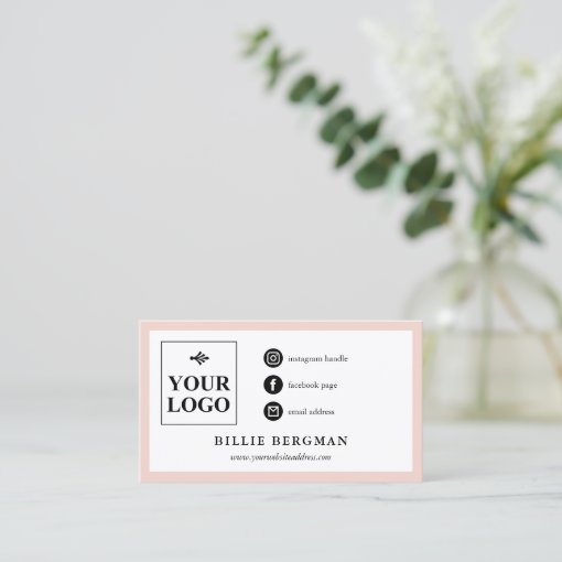 Minimalist Blush Black Social Media Your Logo Business Card | Zazzle