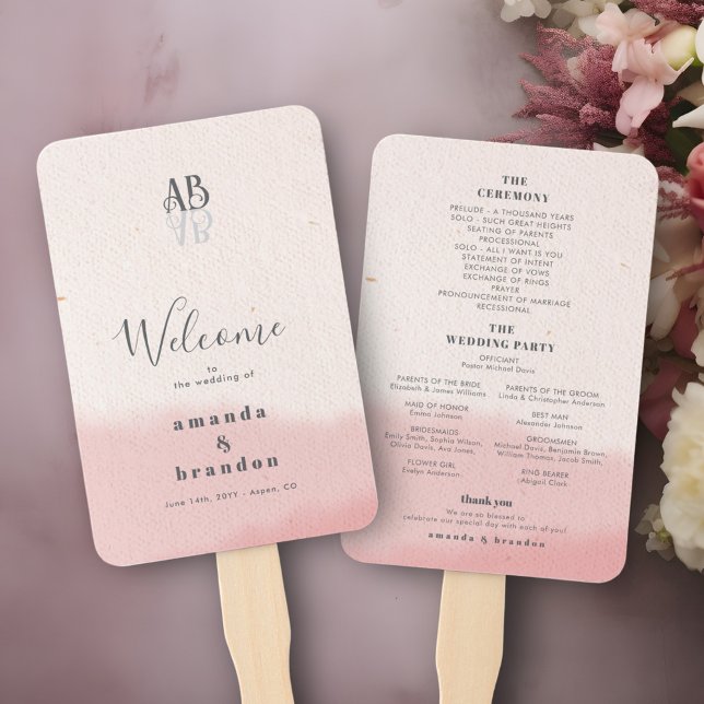 Minimalist Blush Bloom Bold Script Wedding Program Hand Fan (Creator Uploaded)