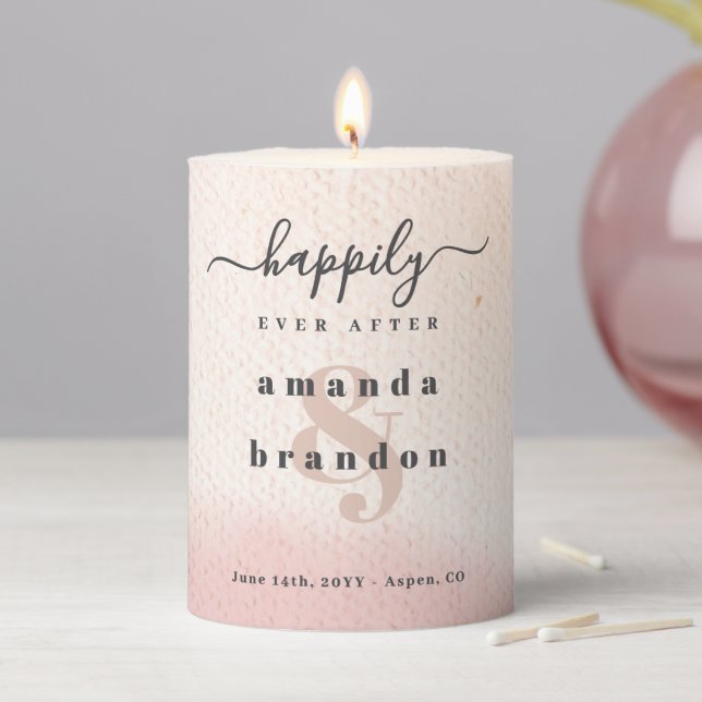 Minimalist Blush & Bold Happily Ever After Wedding Pillar Candle (In Situ)