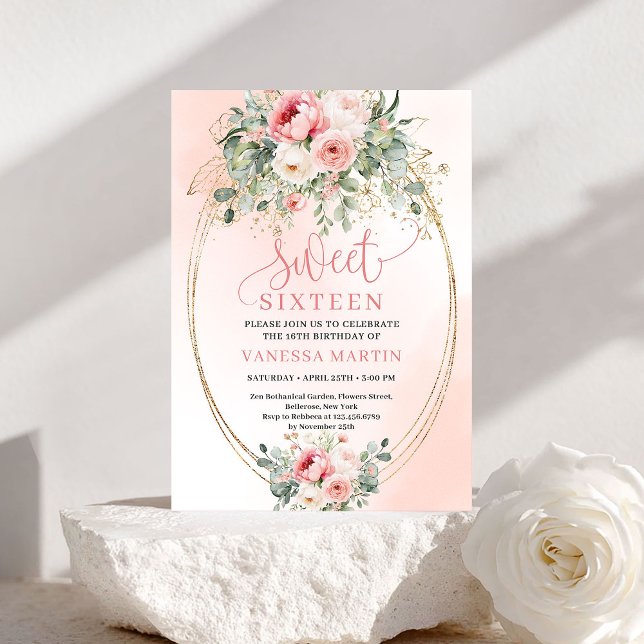 Minimalist Blush Floral Gold Sweet Sixteen Invite (Minimalist Blush Floral Gold Sweet Sixteen Invite)