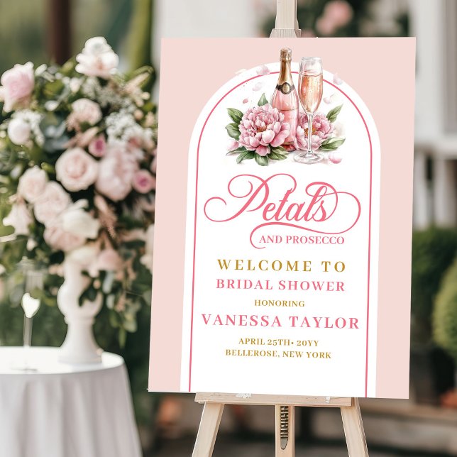 Minimalist blush petals and prosecco welcome foam board (Minimalist blush petals and prosecco welcome)