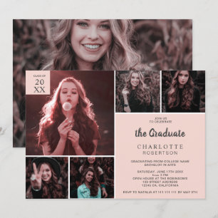 Minimalist blush pink 6 photos collage graduation invitation