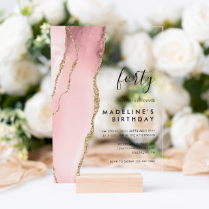 Minimalist Blush Pink Agate Geode 40th Birthday Acrylic Invitations