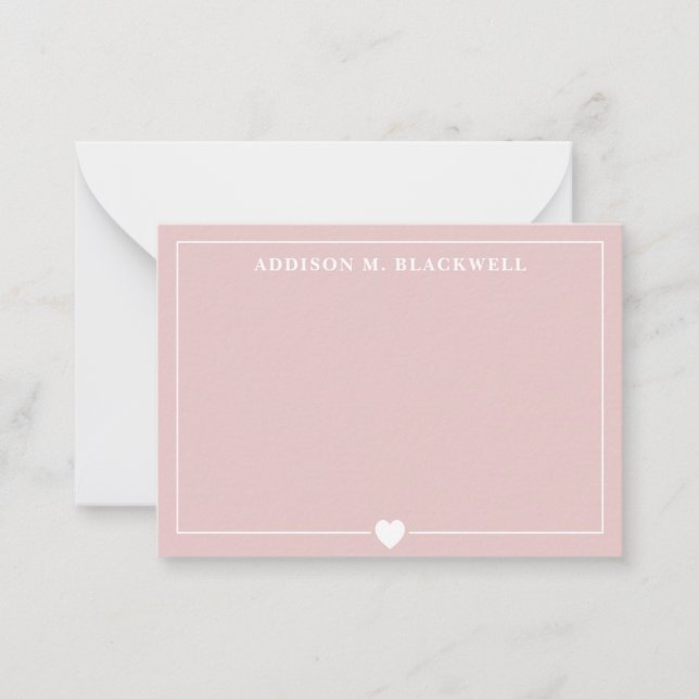 Minimalist Blush Pink and White Heart Personalized Note Card (Front)