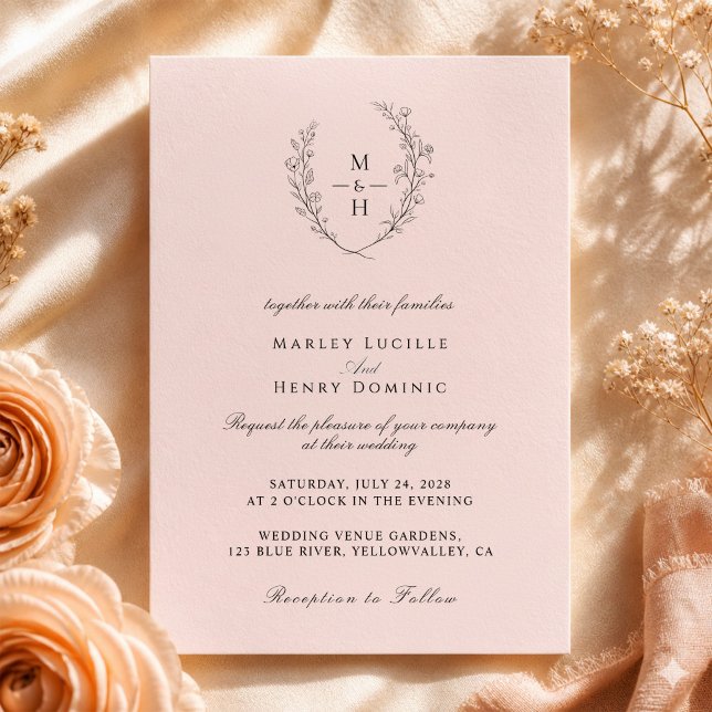 Minimalist Blush Pink Boho Monogram Wedding Invitation (Creator Uploaded)