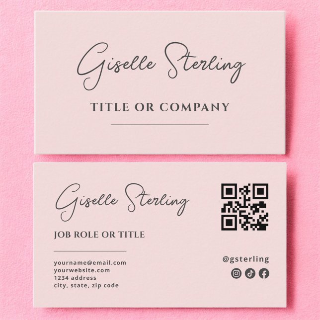 Minimalist Blush Pink Company Script QR Code Business Card (Creator Uploaded)