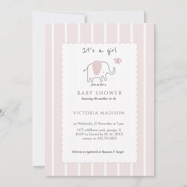 Minimalist Blush Pink Elephant Sketch Its a Girl  Invitation (Front)