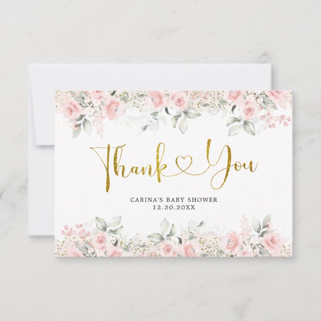 Minimalist Blush Pink Floral Baby Shower Thank You Card (Front)