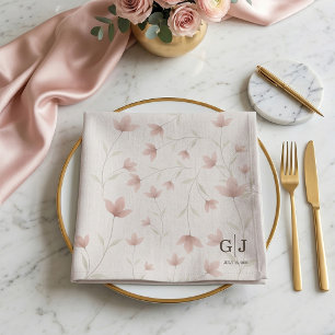 Minimalist Blush Pink Floral Monogram Wedding Cloth Napkin