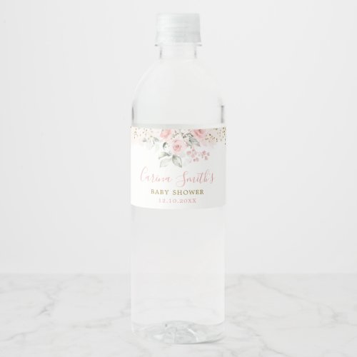 Minimalist Blush Pink Floral Roses Baby Shower Water Bottle Label