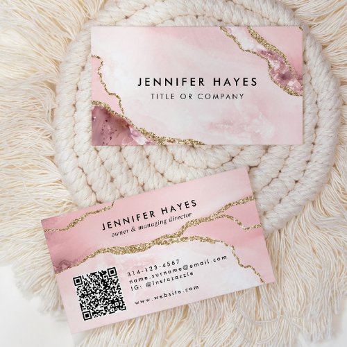 Minimalist Blush Pink Gold Glitter Marble Agate QR Business Card