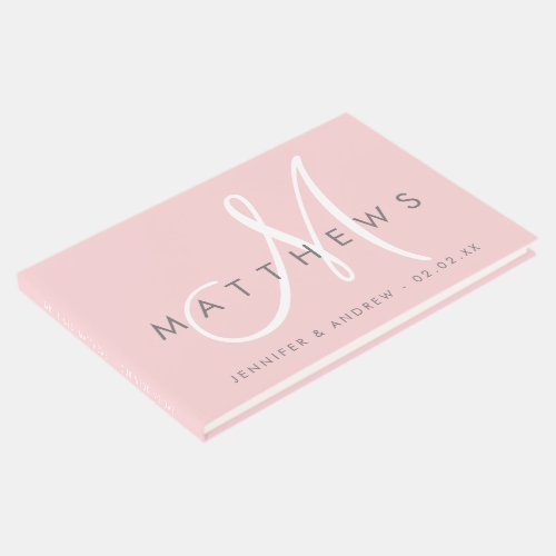Minimalist Blush Pink Grey Modern Monogram Wedding Guest Book