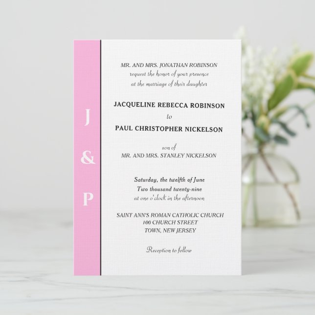 Minimalist Blush Pink Grey Monogram  Invitation (Standing Front)