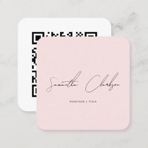Minimalist Blush Pink Handwritten Script QR Code Square Business Card