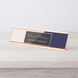 Minimalist blush pink navy blue color block desk name plate