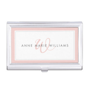 Minimalist Blush Pink Script Two Border Monogram Business Card Case