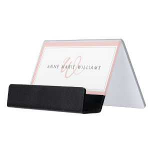 Minimalist Blush Pink Script Two Border Monogram Desk Business Card Holder