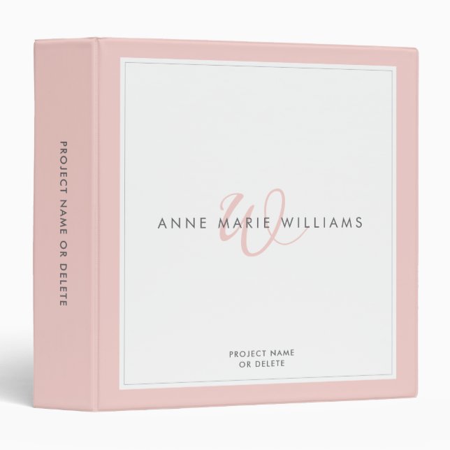 Minimalist Blush Pink Two Border Monogram  3 Ring Binder (Front/Spine)