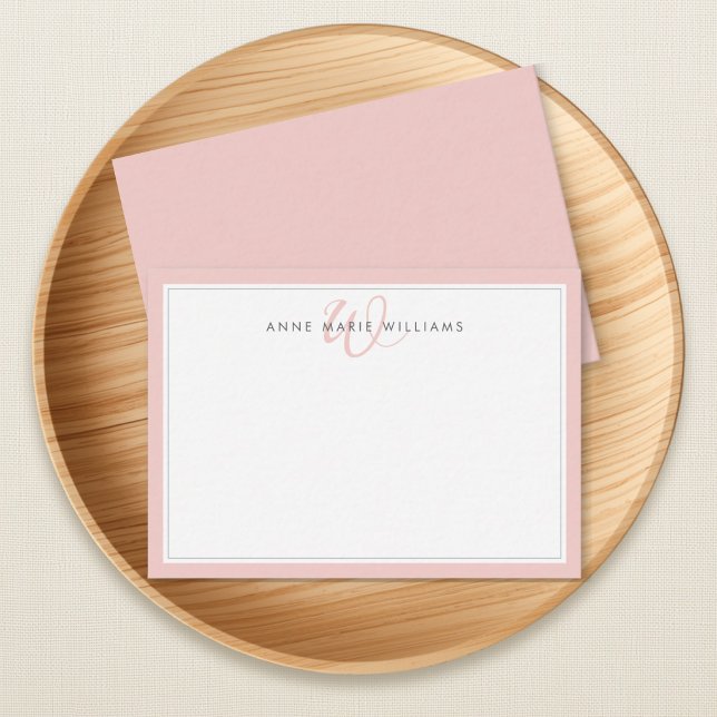 Minimalist Blush Pink Two Border Monogram Note Card (Creator Uploaded)
