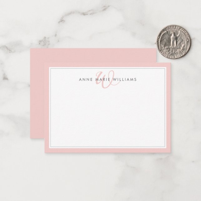 Minimalist Blush Pink Two Border Monogram Note Card (Front/Back In Situ)