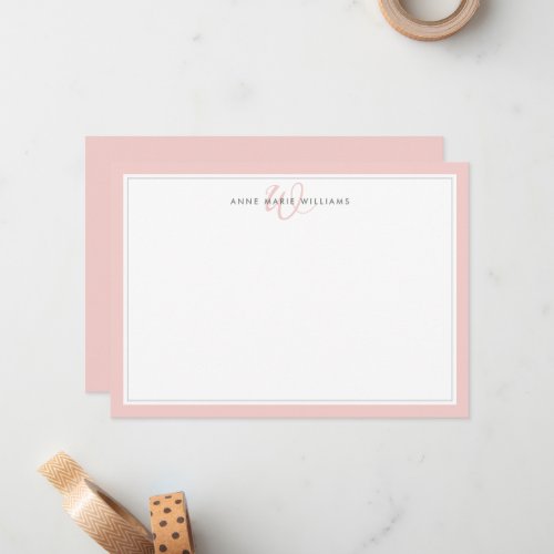 Minimalist Blush Pink Two Border Monogram Note Card