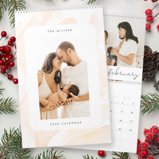 Minimalist Blush Pink Watercolor Family Photo Calendar