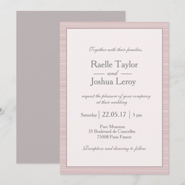 Minimalist blush pink white gray stripes wedding invitation (Front/Back)
