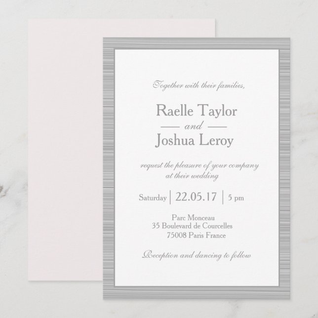 Minimalist blush pink white gray stripes wedding invitation (Front/Back)
