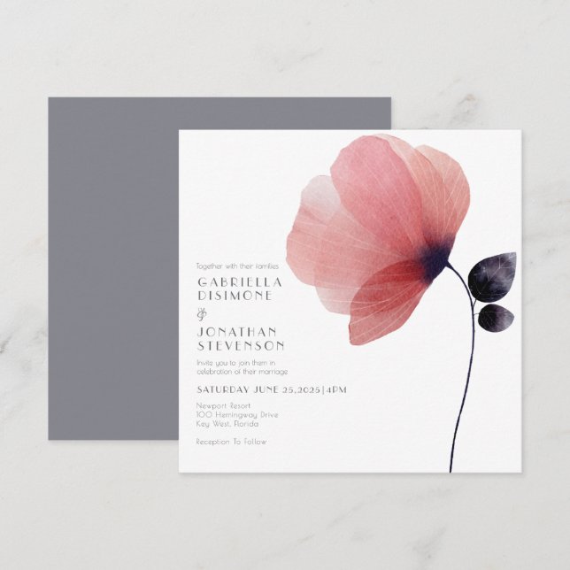Minimalist Blush Watercolor Poppy Gray Wedding Invitation (Front/Back)