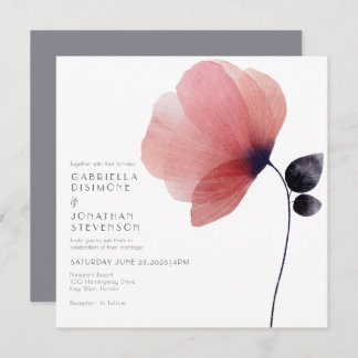 Minimalist Blush Watercolor Poppy Gray Wedding Invitation