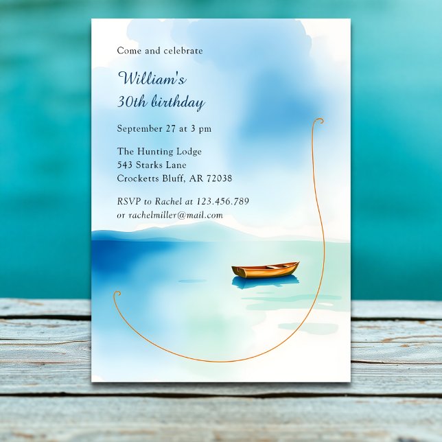 Minimalist Boat Party for Him Lake Birthday Invitation (Watercolor Lake Birthday Invitation – Minimalist Boat Party for Him)