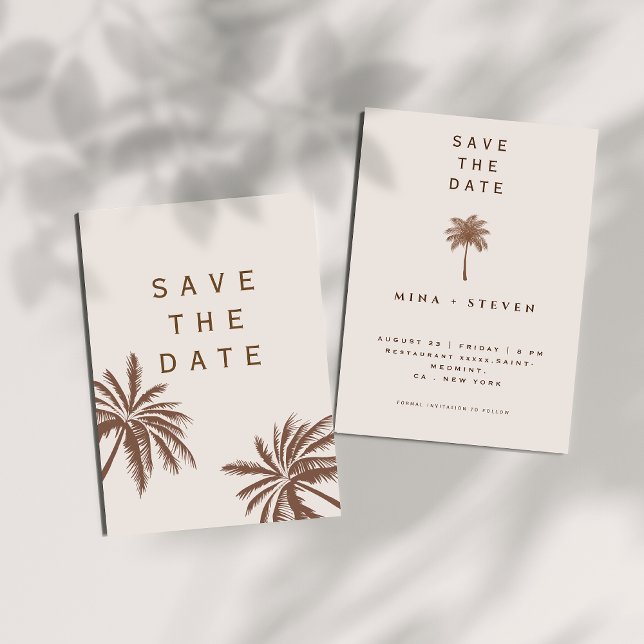 Minimalist bohemian beige palm tree wedding save the date (Creator Uploaded)
