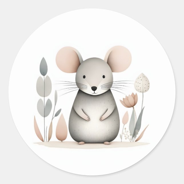 Minimalist Boho Adorable Mouse Flowers Plants Classic Round Sticker (Front)