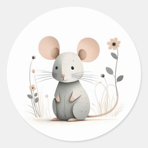 Minimalist Boho Adorable Mouse with Flowers Classic Round Sticker