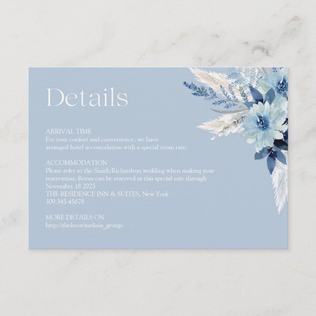 Minimalist boho arch dusty blue flowers pampas  enclosure card (Front)