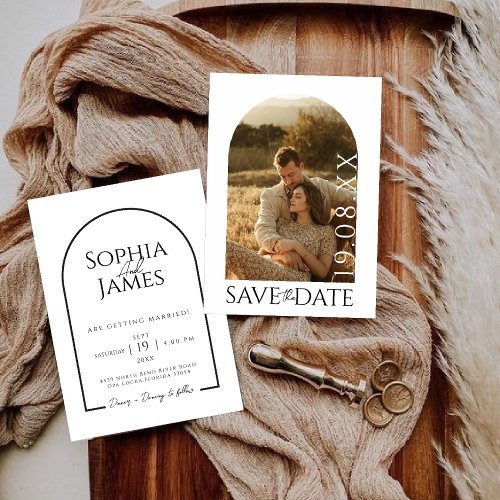 Minimalist  Boho Arch Photo save the date wedding Invitation