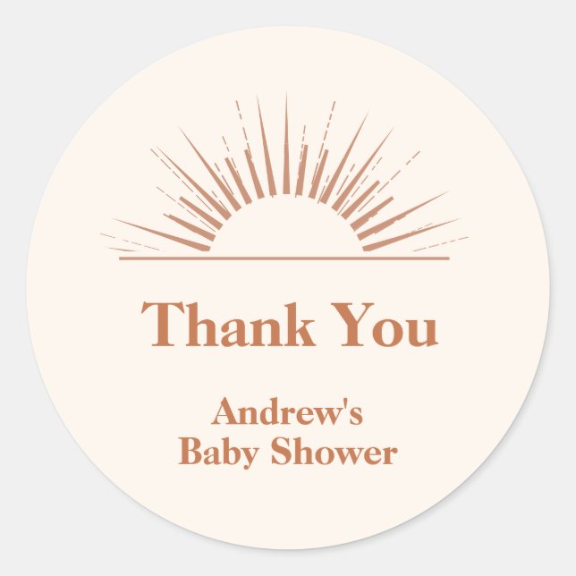 Minimalist Boho Arch Sunshine Baby Shower Classic Round Sticker (Front)