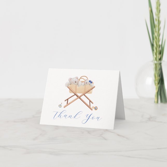 Minimalist Boho Bear Bassinet Toy Boy Baby Shower Thank You Card (Front)