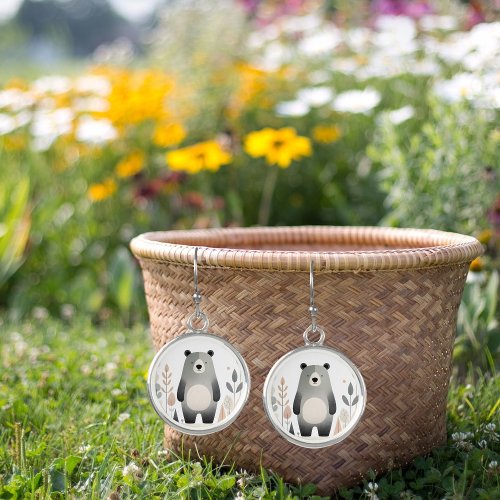 Minimalist Boho Bear in Woods Cute Round Silver  Earrings