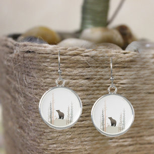 Minimalist Boho Bear in Woods Cute Silver Round  Earrings