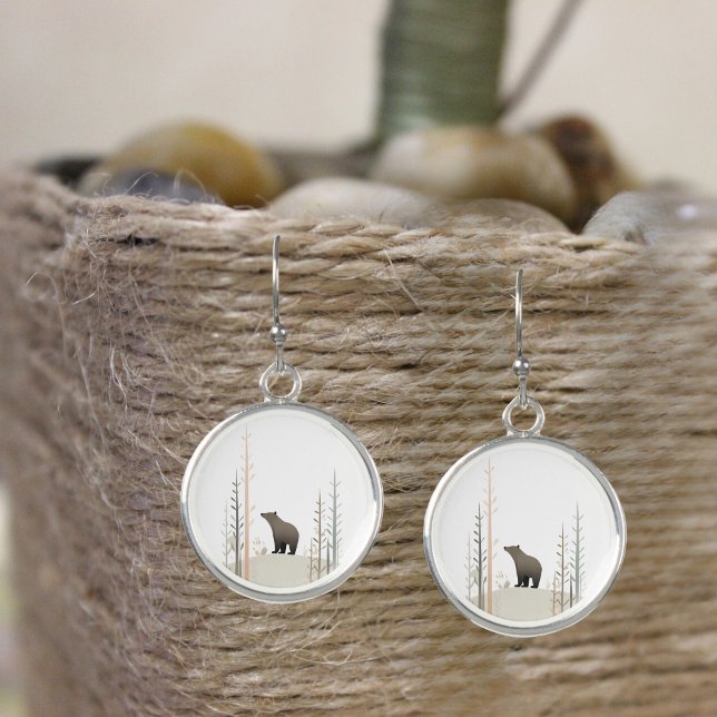 Minimalist Boho Bear in Woods Cute Silver Round  Earrings (Creator Uploaded)