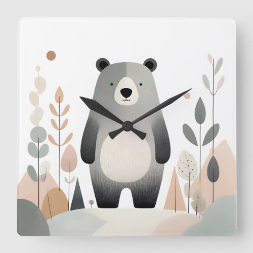 Minimalist Boho Bear Woods Cute Nursery Kids Room  Square Wall Clock