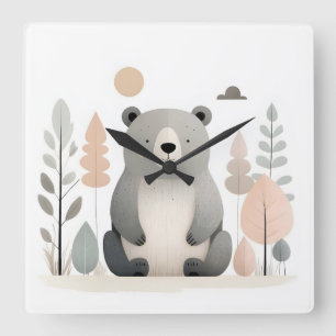 Minimalist Boho Bear Woods Cute Nursery Kids Room  Square Wall Clock