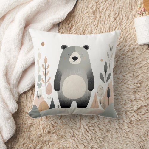 Minimalist Boho Bear Woods Cute Nursery Kids Room  Throw Pillow
