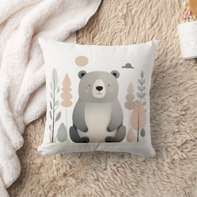 Minimalist Boho Bear Woods Cute Nursery Kids Room  Throw Pillow (Blanket)