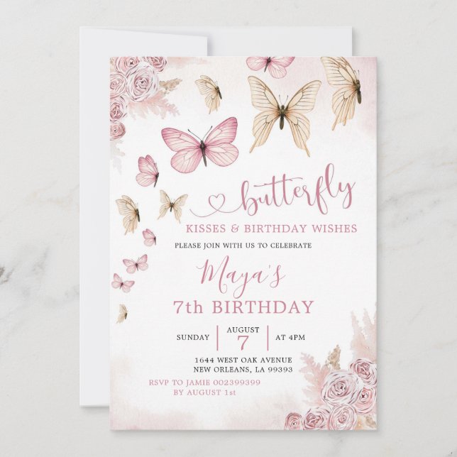 Minimalist Boho Beige and Butterfly Birthday Invitation (Front)