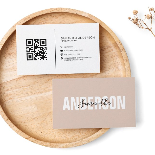  Minimalist Boho Beige QR Code Modern Business Card (Creator Uploaded)